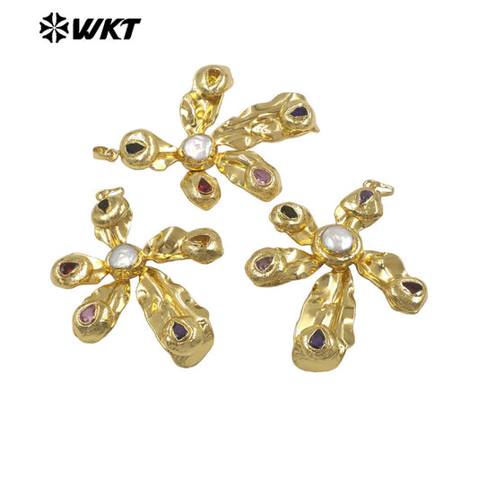 WT-JP454 Gorgeous Gold Plated Natural Freshwater Pearl And Cubic Zircon Windmill Shape Charm Pendant For Fashion Jewelry Making