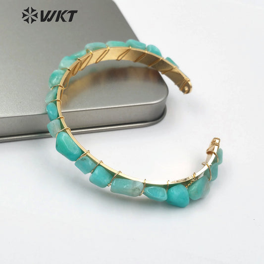 WT-B451 Jewelry Gift for Her Raw Tiny Stone Gold Bangle Adjustable Jewelry Black Gray Green Color Natural Gemstones Bangle
