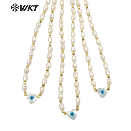 WT-JN194 Fashion Gold Plated Natural Real Freshwater Pearl Beads Necklace Gorgeous Lady Shell Made Heart Eye Charm Bead Necklace