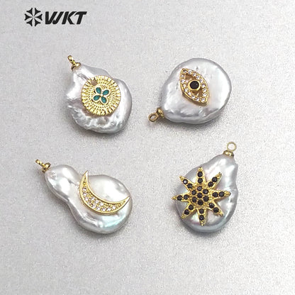 MP132 Wholesale Popular Moon Pendant Pearl with Cz Micro Pave Lady Fashion Irregular Shape Jewelry Freshwater Pearl Pendant