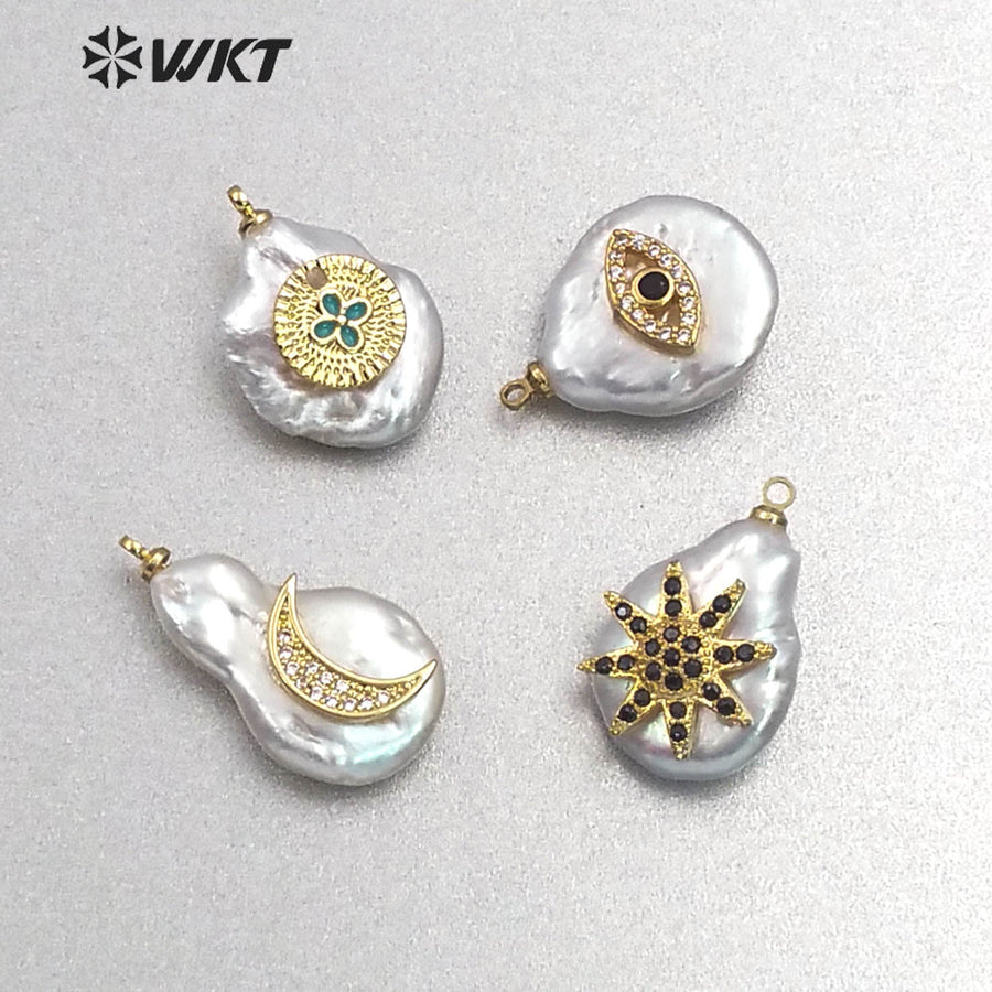 MP132 Wholesale Popular Moon Pendant Pearl with Cz Micro Pave Lady Fashion Irregular Shape Jewelry Freshwater Pearl Pendant