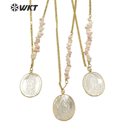 WT-JN146 WKT Amazing Fashion 18k Real Gold Plated Religious Virgin Mary Pendant Necklace Mix Contructure Shell Pendant Necklace
