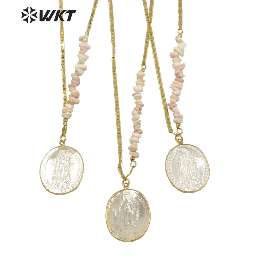 WT-JN146 WKT Amazing Fashion 18k Real Gold Plated Religious Virgin Mary Pendant Necklace Mix Contructure Shell Pendant Necklace