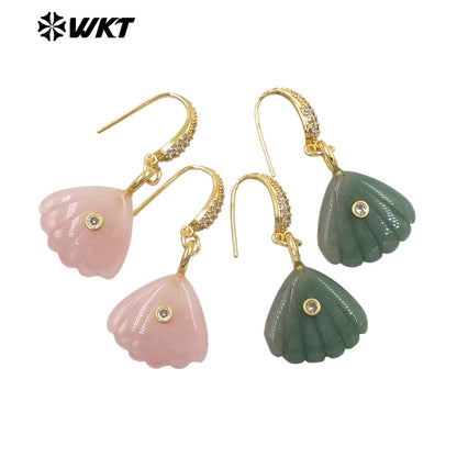 WT-E820 Wonderful Exquisite Natural Gemstones Carved Shell Shape Gold Little Earrings For Women Summer Vacation Wearing