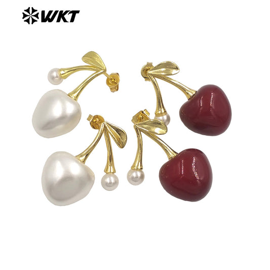 WT-ME122 Exquisite Cherry Design Women Earrings Yellow Brass With Drop Oil Gold Plated Red And White Color Good Quality Jewelry