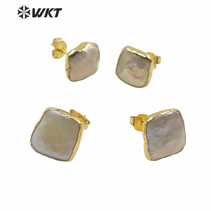 WT-MPE027 Wholesale Natural Freshwater square Pearl Studs Lady Fashion Gold Filled Real White Pearl Earrings Studs Gift Studs