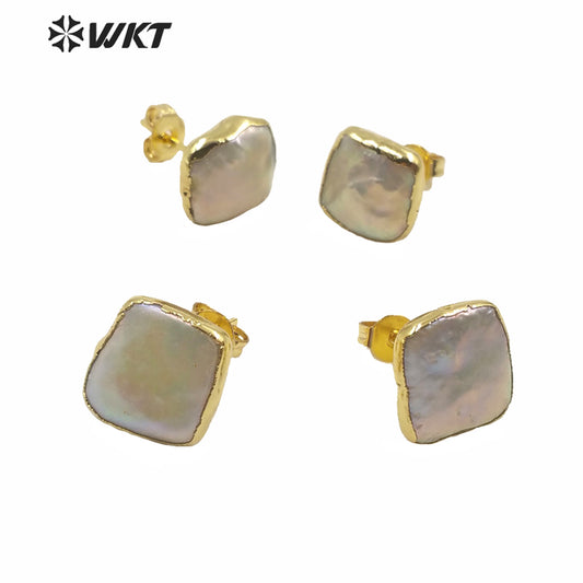 WT-MPE027 Wholesale Natural Freshwater square Pearl Studs Lady Fashion Gold Filled Real White Pearl Earrings Studs Gift Studs