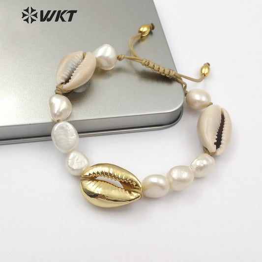 WT-B455 Wholesale Fashion Jewelry Handmade Natural Freshwater Pearl Bracelet Adjustable White Pearl and Cowrie Shell Bracelets