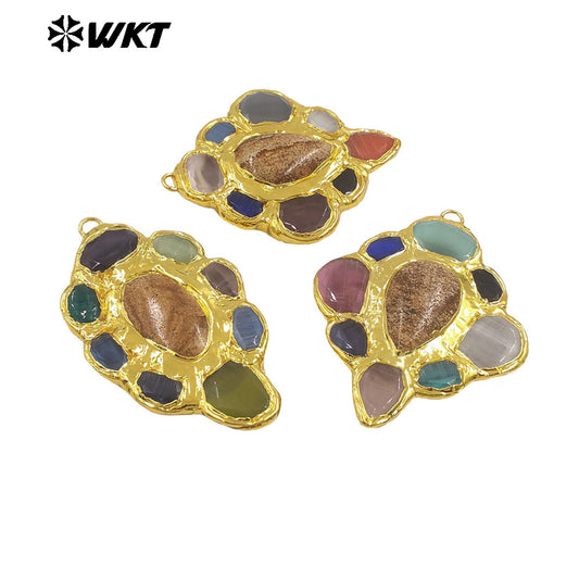 WT-P2008 Amazing Back Full Gold Plated With Multi Colors Natural Gemstones Big Pendant For Fantastic Necklace Jewelry DIY