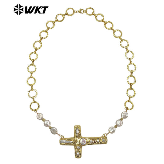 WT-JN369 Exclusive 18K Gold Electroplated Natural Freshwater Pearl Chain And Cross Pendant Necklace For Women Daily Matching