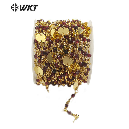 WT-RBC146 Natural Red Garnet Beads Chain Stylish Gold Plated Red Garnet Rosary Beads Chain for DIY Jewelry Making
