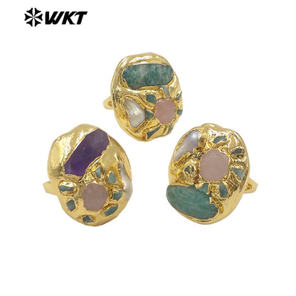 WT-MPR139 Wholesale Gorgeous Trend Style Multi Stones With Natural Pearl Gold Plated Rings For Women Beautiful Jewelry Gift