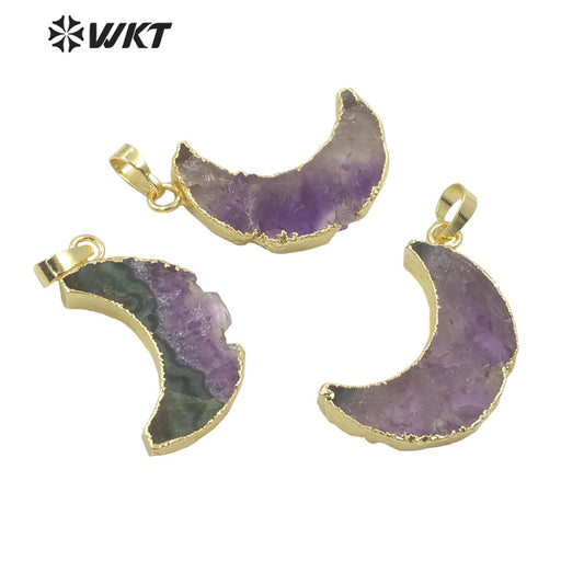 WT-P1705 New Small Size Slice Gold Plated Crescent Moon Aemethyst Stone Pendant Moon Lady Raw Stone Moon Pendant for Necklace