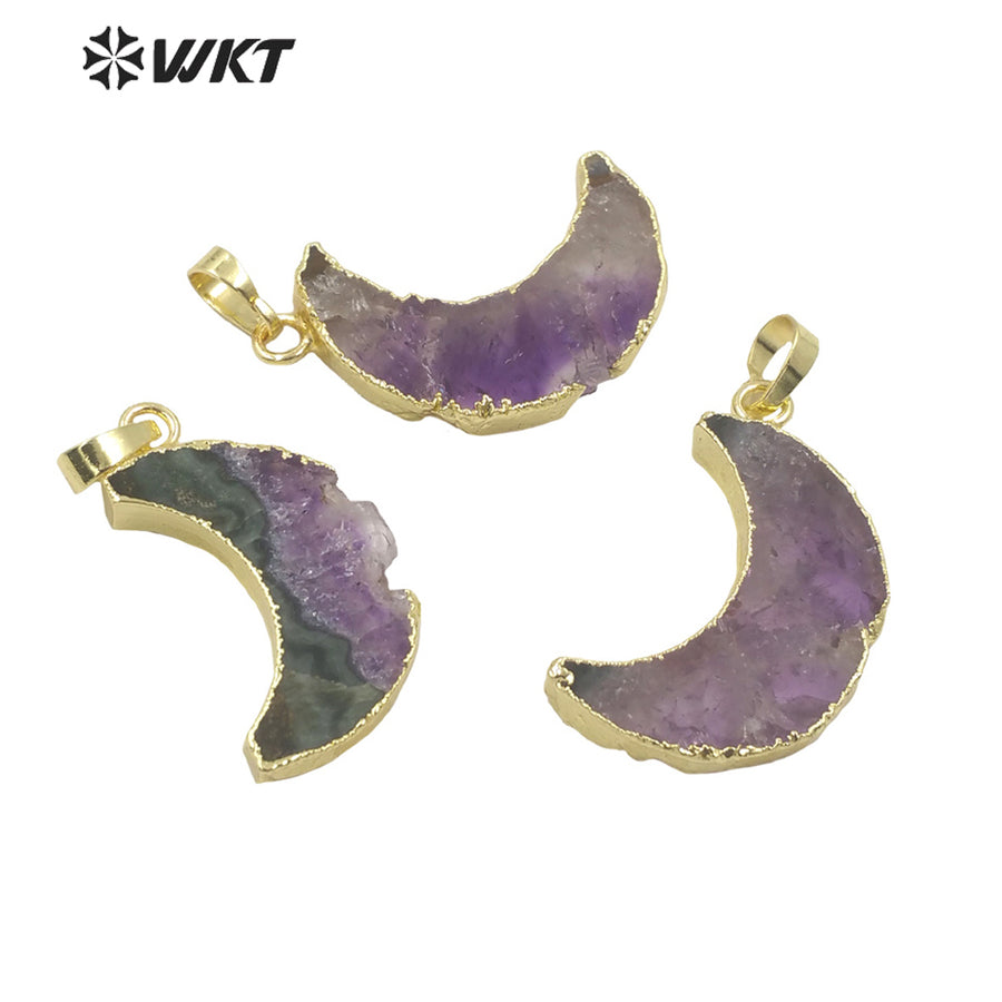 WT-P1705 New Small Size Slice Gold Plated Crescent Moon Aemethyst Stone Pendant Moon Lady Raw Stone Moon Pendant for Necklace