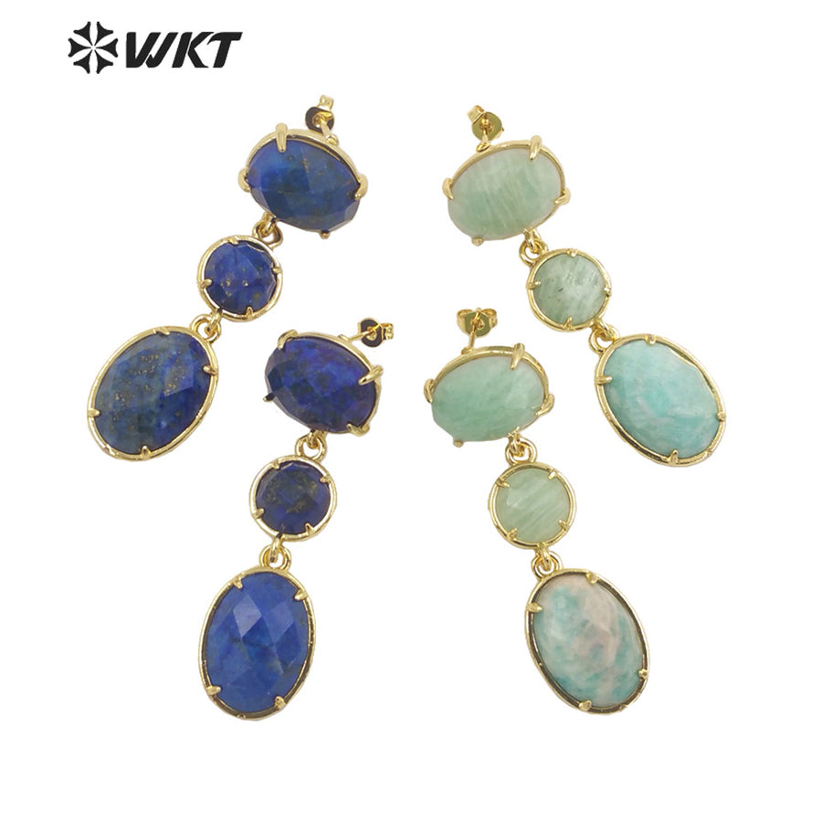 WT-E690 Amazing Gorgeous Fashion Triple Stone Earrings Precious 18k Real Gold Plated Resist Tarnish Prong Setting Dangle Studs