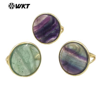 WT-R511 Newest Rainbow Fashion Gold Plated Big Round Fluorite Stone Annevisary Ring for Women