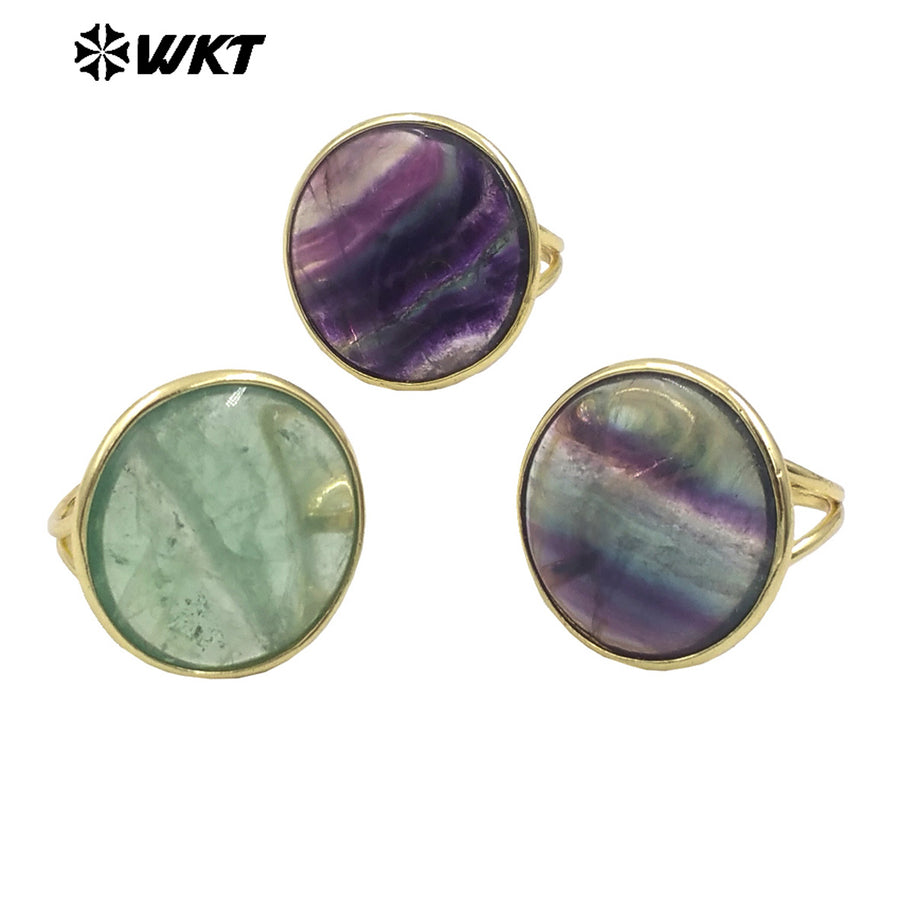 WT-R511 Newest Rainbow Fashion Gold Plated Big Round Fluorite Stone Annevisary Ring for Women