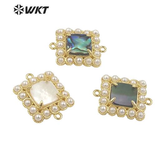 WT-PC003 New Design 18K Gold Plated Double Loops Metal Bezel With Claw Natural Shell Setting Pearl Charms