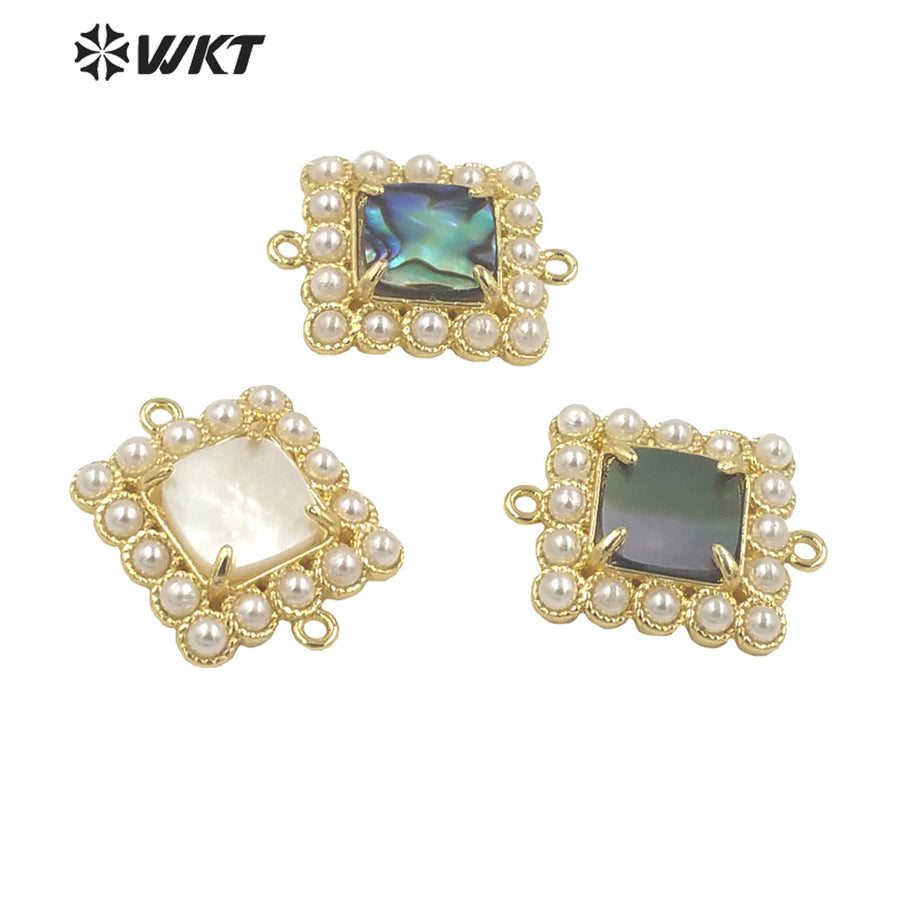 WT-PC003 New Design 18K Gold Plated Double Loops Metal Bezel With Claw Natural Shell Setting Pearl Charms