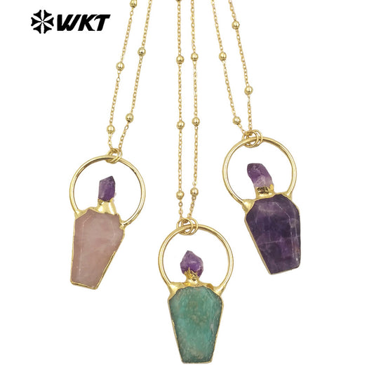 WT-N1465 Newest Fashion Gold Plated Gemstone Carved With Big Ring Hoop Charming Stone Necklace for Birthday Gift