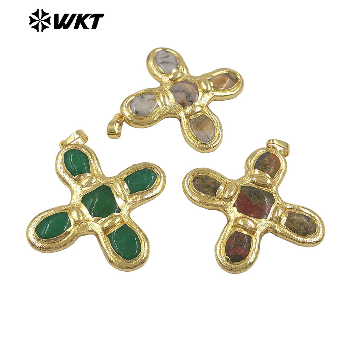 WT-P2034 Good Quality Trendy Style 18K Gold Plated Five Natural Stones Cross Pendants For Women Fashion Necklace DIY Findings