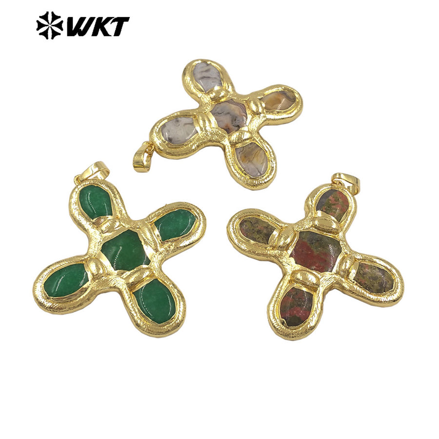 WT-P2034 Good Quality Trendy Style 18K Gold Plated Five Natural Stones Cross Pendants For Women Fashion Necklace DIY Findings