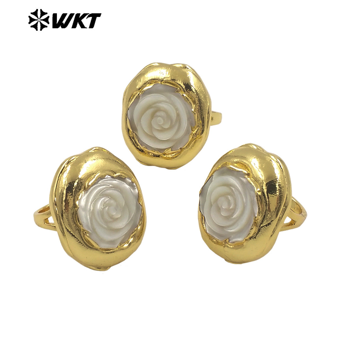 WT-MPR125 Newest Delicate Natural MOP Shell Ring Rose Flower Carved Shape Gold Plated Open Size Party Gift Female Jewelry