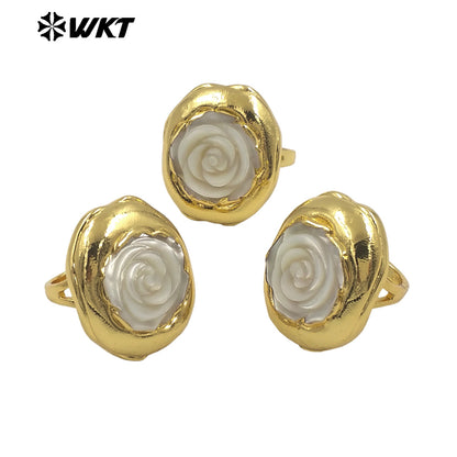 WT-MPR125 Newest Delicate Natural MOP Shell Ring Rose Flower Carved Shape Gold Plated Open Size Party Gift Female Jewelry