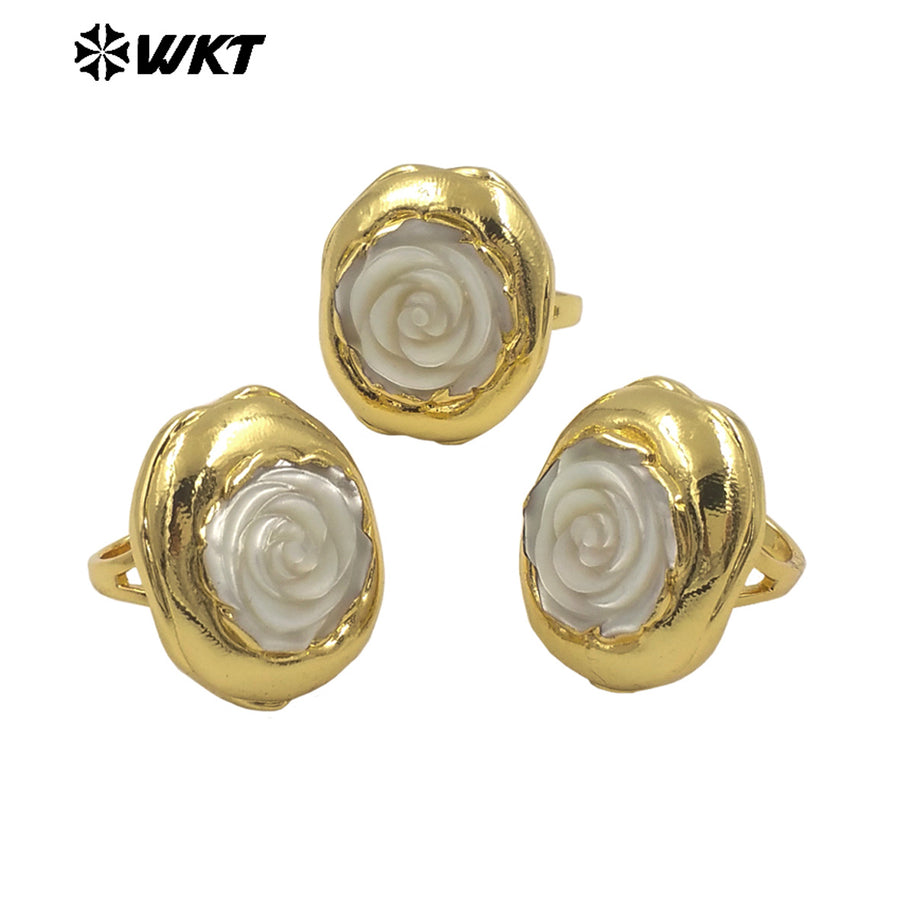 WT-MPR125 Newest Delicate Natural MOP Shell Ring Rose Flower Carved Shape Gold Plated Open Size Party Gift Female Jewelry
