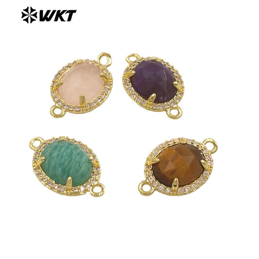 WT-C336 Stylish Little Zircon Round Colorful Natural Gemstone Double Hoop Connector Pendant for Women DIY Necklace Accessories