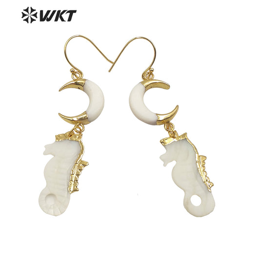 WT-E597 Newest Gold Electroplated Hippocampus Shell Earring Boho Vintage Lady Crescent Horn Shell Long Earrings