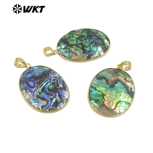 WT-JP408 High Quality DIY Jewelry Accessory Raw Natural Abalone Shell Oval Pendant With Gold Edged for Women Necklace Handmade
