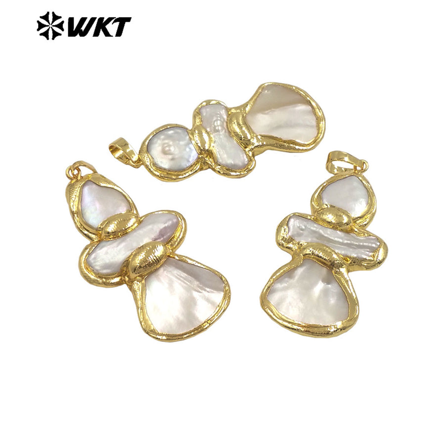 WT-JP424 Wholesale Back Full Gold Plated Exquisite Gourd Shape Natural Pearl And Shell Pendant Ladies Cute Jewelry Accessory