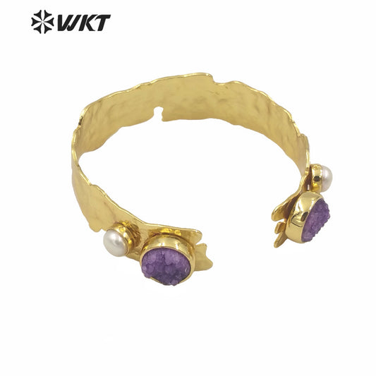 WT-B565 Wholesale Women Gold Electroplated Double Druzy Stone Bangle New Popular Irregular Gold Brass Druzy Quartz Stone Bangle