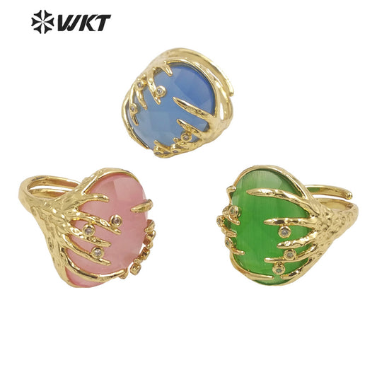 WT-R453 Wholesale Fashion Gold Bezel Claw Setting Oval Stone Ring Women Unique Trendy Cat Eye Stone Made Jewelry Party Ring