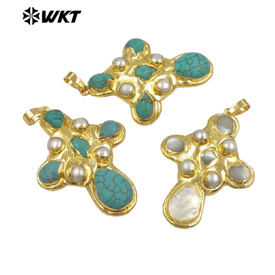 WT-JP384 Specially Designed Religious Unisexual 18K Gold Plated Cross Shaped Pearl and Turquoise Pendant As Daily Decoration