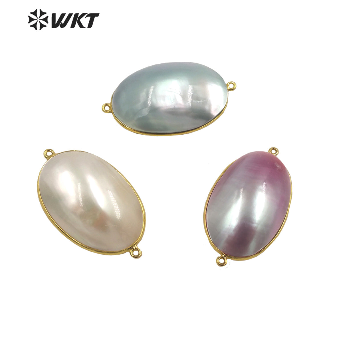 WT-JP339 Wholesale Fashion Double Loops Gold Bezel Shell Connectors Women Natural High Brightly Mabe Pendants for Necklace