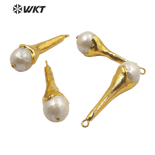 WT-JP193 Women Gold Plated Torch Shape Baroque Pearl Pendant Wholesale Fashion Gold Long Natural Baroque Pearl Pendant