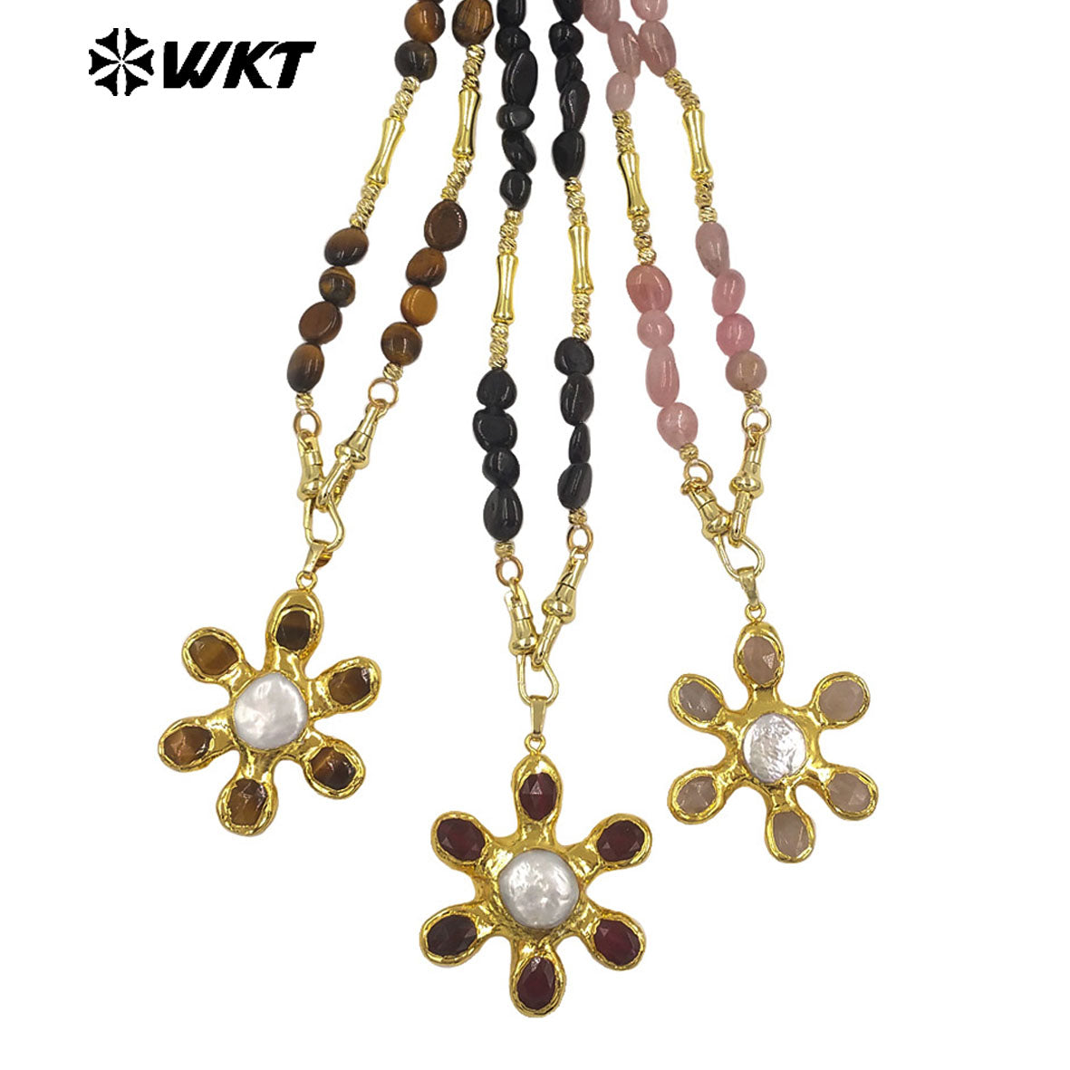 WT-JN379 Delicate Gold Plated Brass Splicing Beads Chain With Natural Stone And Pearl Flower Shape Pendants Necklaces As Gift