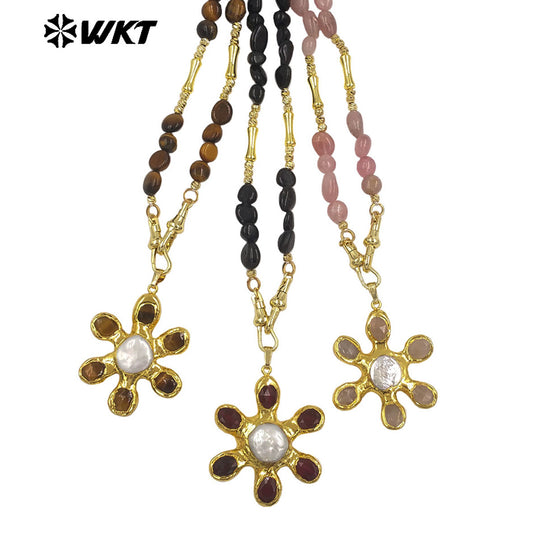 WT-JN379 Delicate Gold Plated Brass Splicing Beads Chain With Natural Stone And Pearl Flower Shape Pendants Necklaces As Gift