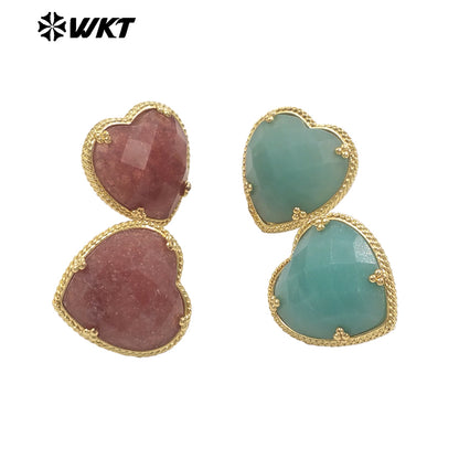 WT-E787 Newest Romantic Design Natural Gemstones Heart Studs Shape Amazonite Stone Gold Plated Women Lovely Jewelry Earrings