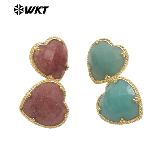 WT-E787 Newest Romantic Design Natural Gemstones Heart Studs Shape Amazonite Stone Gold Plated Women Lovely Jewelry Earrings