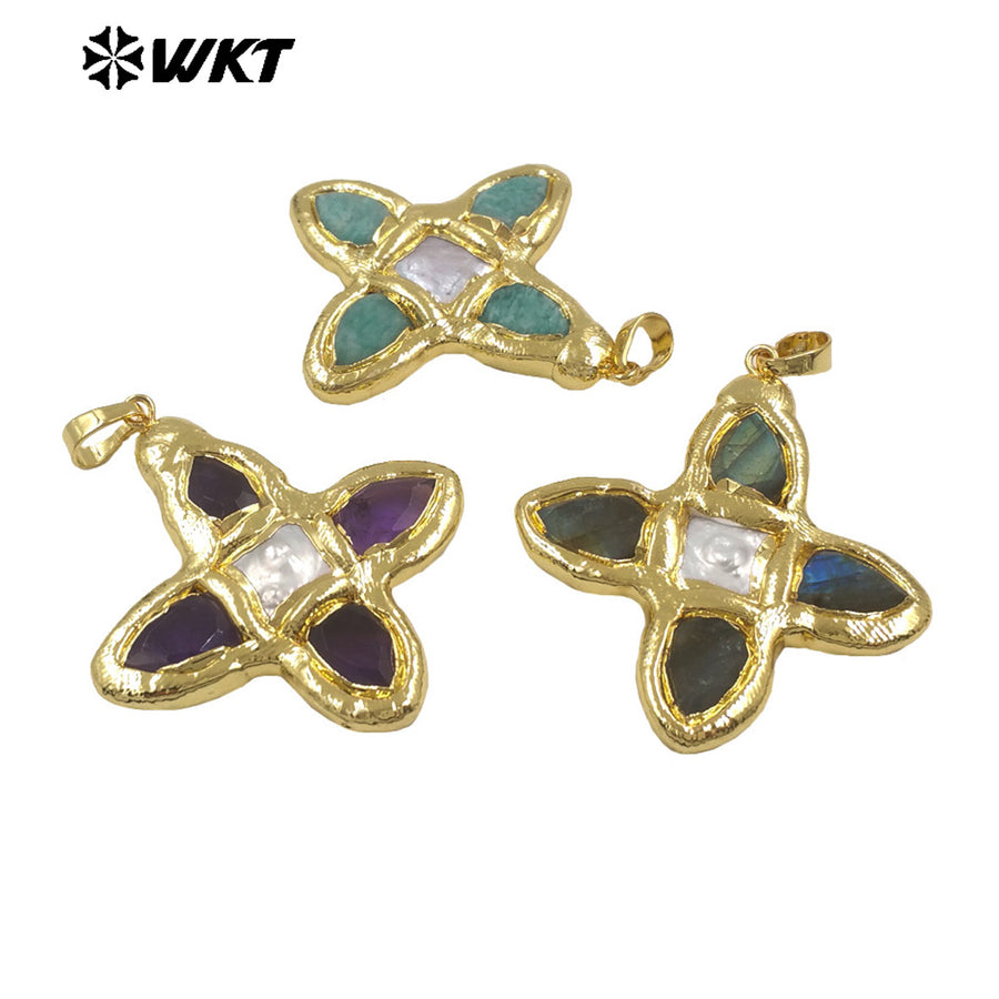 WT-P2010 Popular Sales Gold Plated Natural Gemstones Amazonite Amethyst Stone With Pearl Cross Shape Pendant For Jewelry DIY