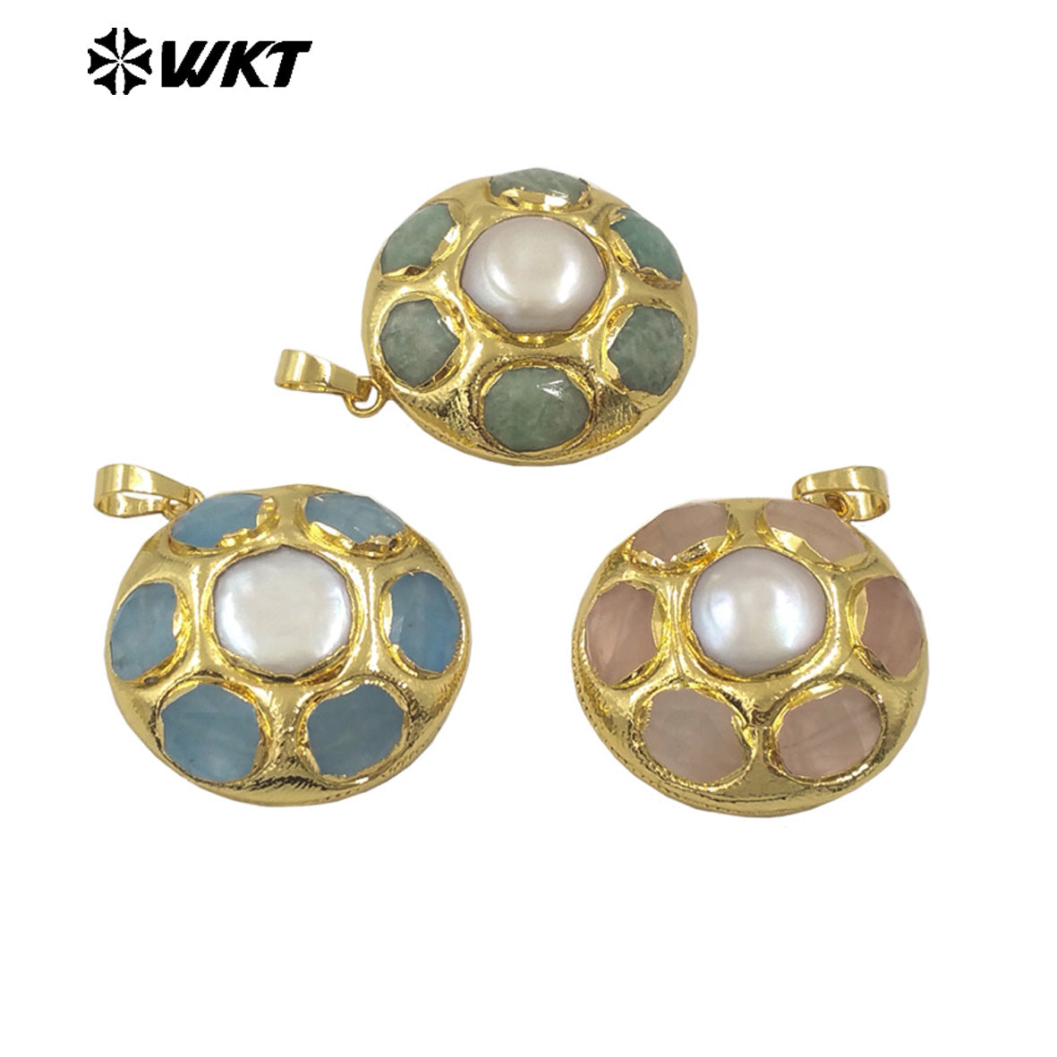 WT-JP411 Amazing Fashion Gold Plated Handmade Bezel Setting Natural Round Natural Stone and Pearl Flower Pendants