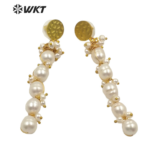 WT-MPE020 Stylish Pearl Beads Earring With Gold Plated Women Charming Jewelry Wire Wrapped Freshwater Pearl Dangle Earring