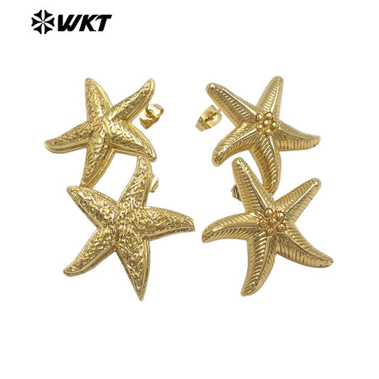 WT-E807 New Arrival Ocean Style Gold Plated Metal Yellow Brass Starfish Shape Earrings As Girls Lovely Simple Jewelry Decoration