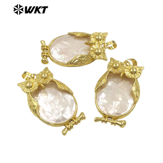 WT-JP439 Newest Lovely Gold Electroplated Natural Shell Owl Shape Boutique Pendant For Unique Jewelry DIY Accessories