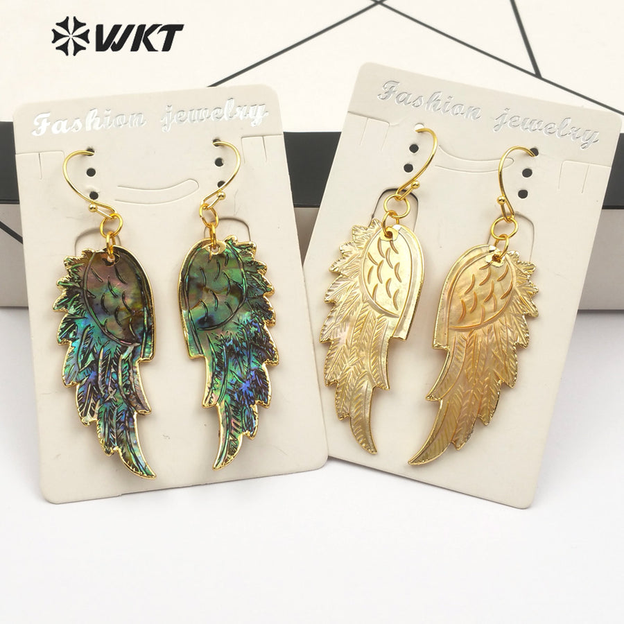 WT-E242 Newest Gorgeous Natural Genuine Abalone Shell Feather Earrings 18K Gold Dipped Carved Shell Feather Earrings
