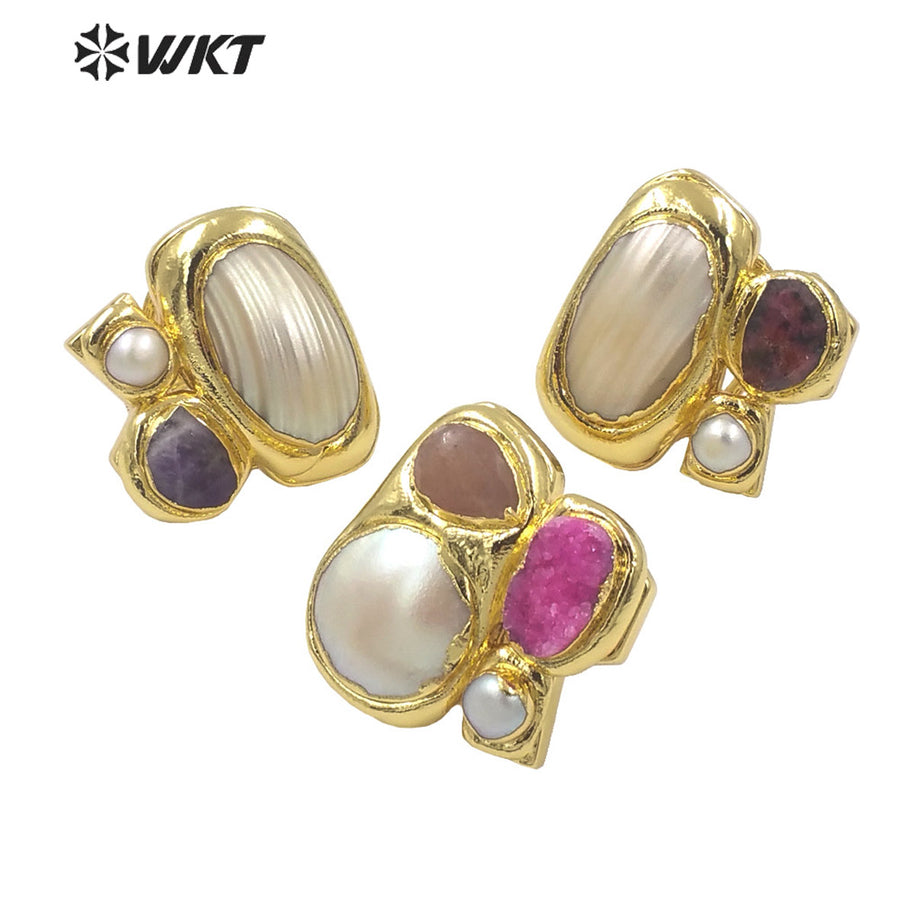 WT-MPR083 Newest Exclusive WKT Design 18k Real Gold Plated Resist Tarnishable Multi Stone and Pearl Women Ring in Adjustable