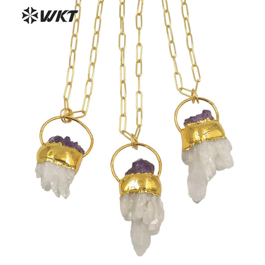 WT-N1275 Unique New Design Popular Natural Cluster Quartz Necklace With Amethyst Decorative Fashion Gold White Crystal Necklace